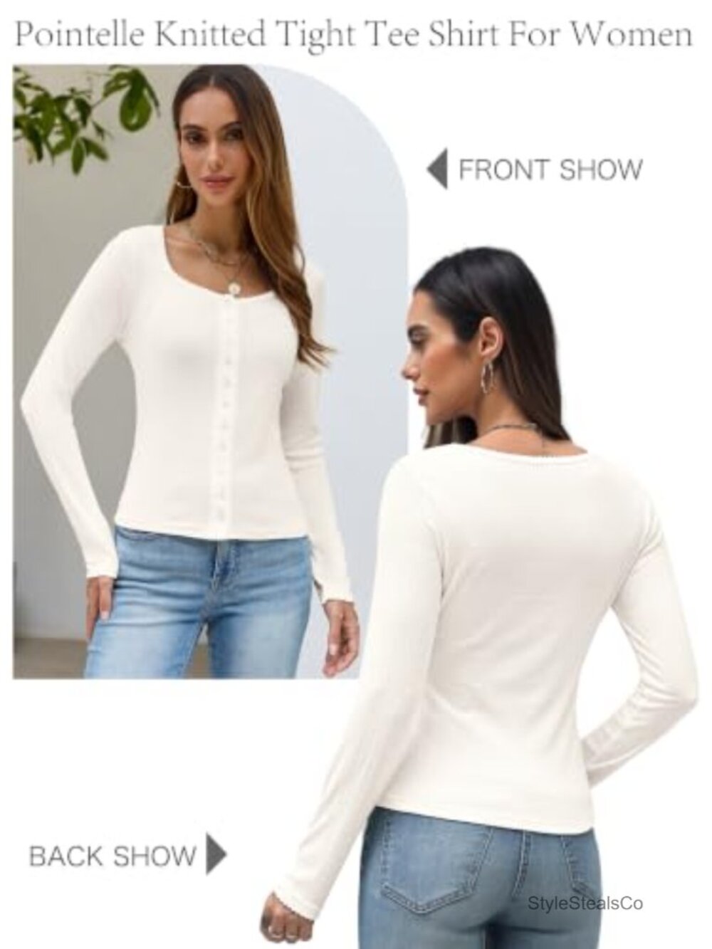 Women's Ribbed Button Down Long Sleeve Picot Trim Tight Tee Shirt - Picture 3 of 6